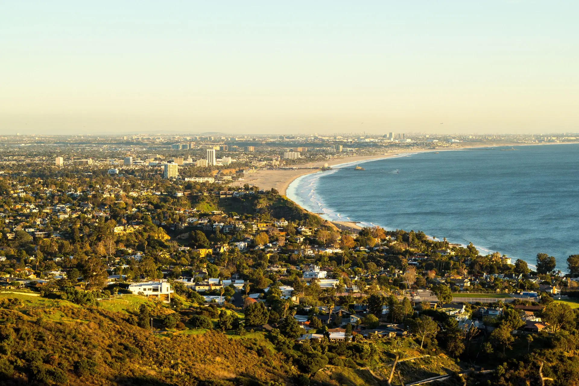 Aerial view of Playa Vista and the Westside Los Angeles coastline at golden hour